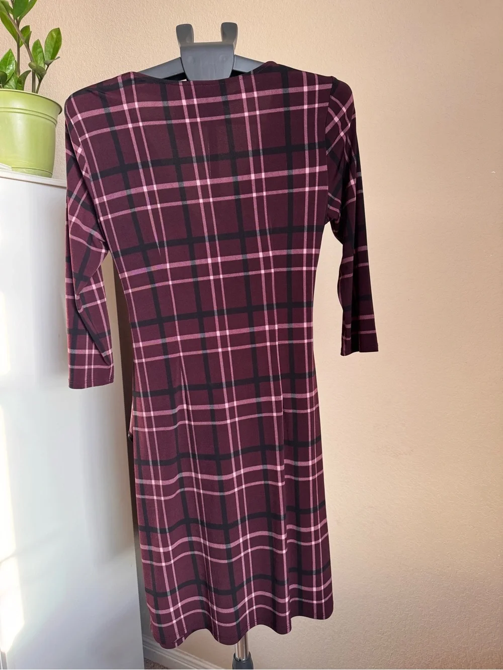 New York & Company Wine and Pink Plaid Ruched Wrap Dress - Picture 2 of 2